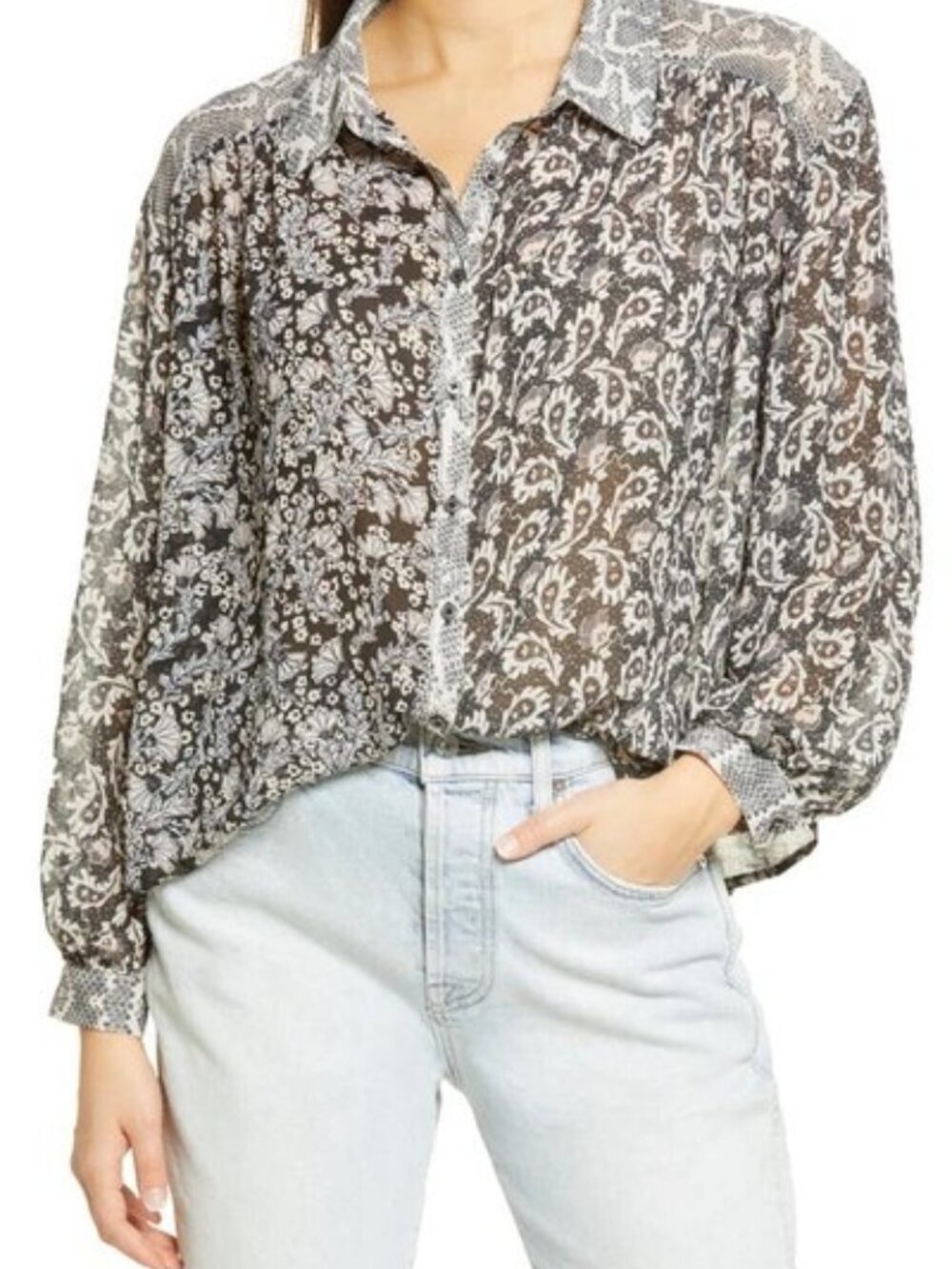 Free People Top Women's Medium Dani Semi Sheer Paisley Snakeskin Button Up Shirt